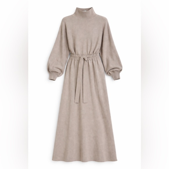 ZARA Knit Maxi Dress L Taupe Belted Mock Neck Capsule Designer New Trendy - Picture 3 of 13